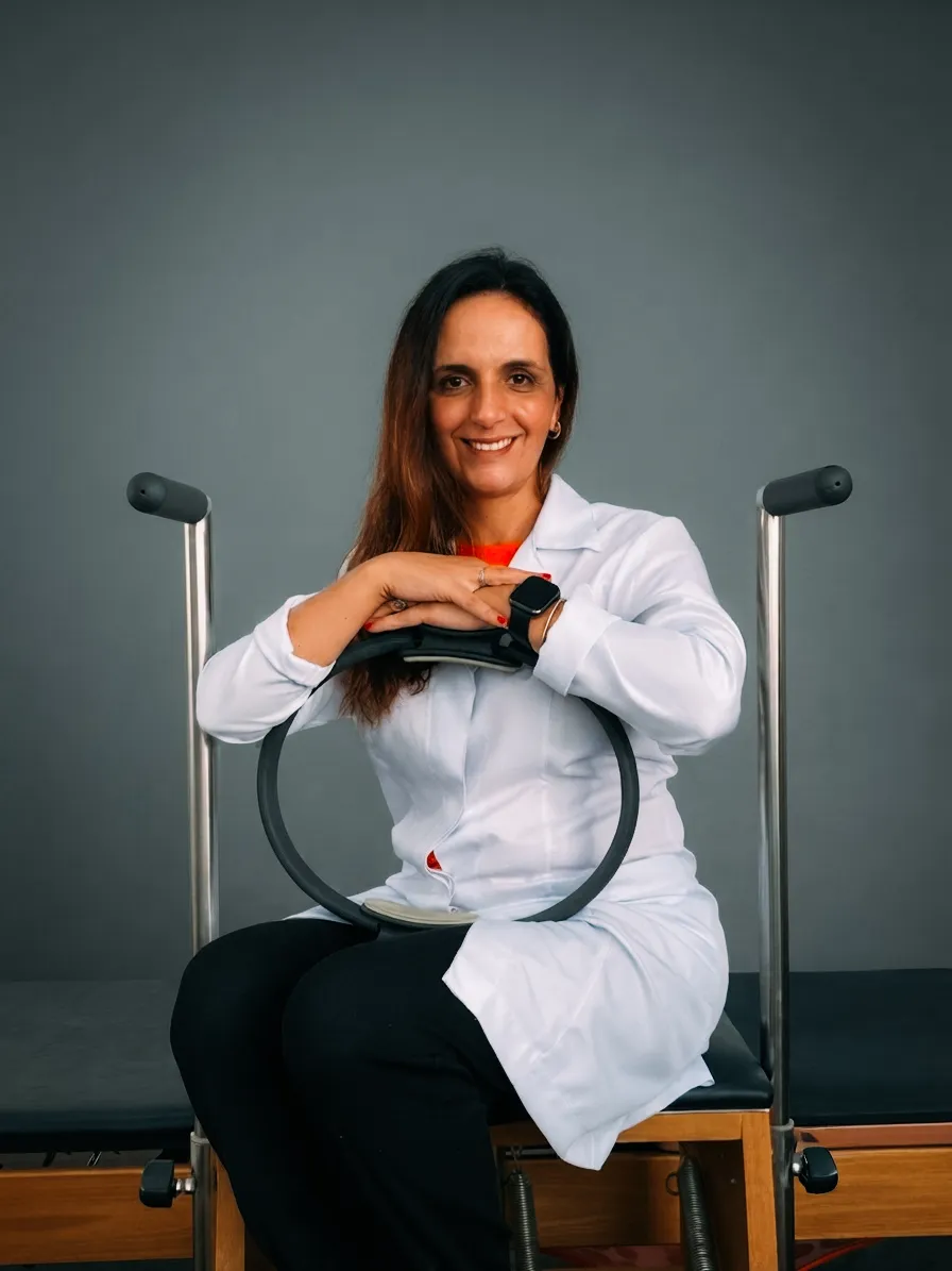 Dra. Thelma Soares sorrindo, sentada em equipamento de pilates com anel de tonificação